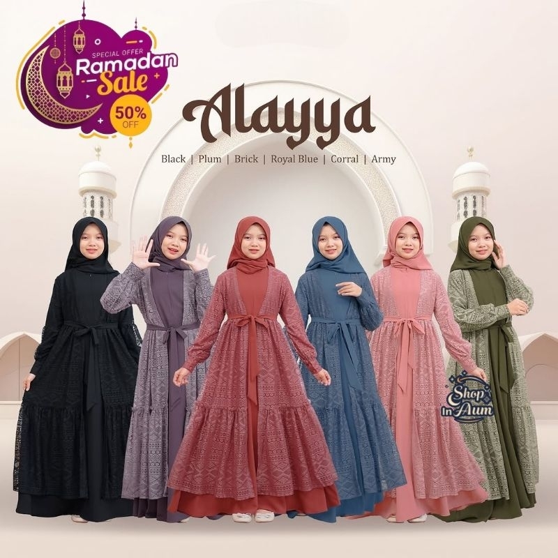Alayya Dress Kids Gamis Anak Tanggung Perempuan Terbaru Usia 10-15 Tahun Crinkle Mix Brokat Malika