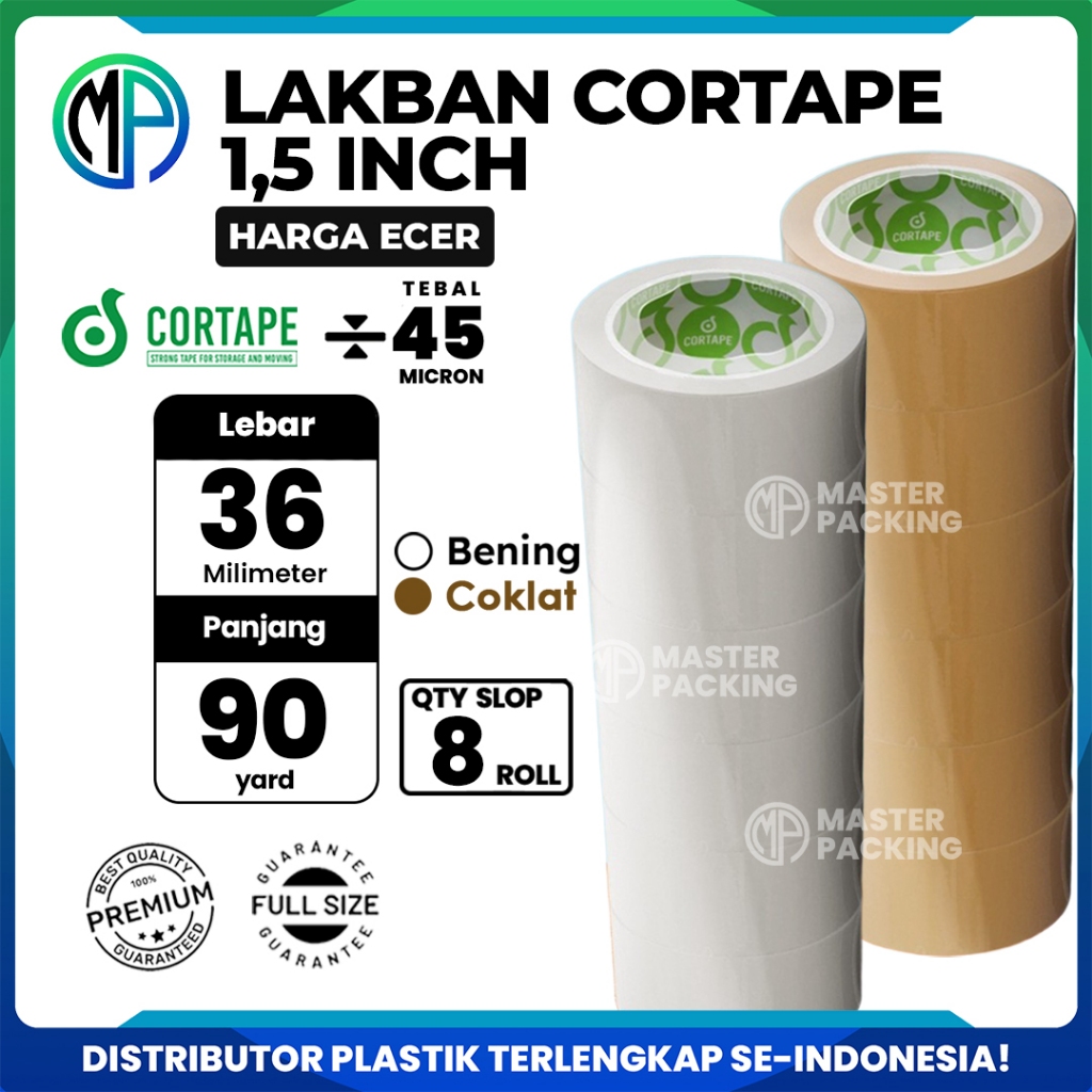 

Lakban / Selotip / Isolasi Cortape Bening dan Coklat 36mm x 90yard Harga Per-Slop 8pcs Spek. Daimaru