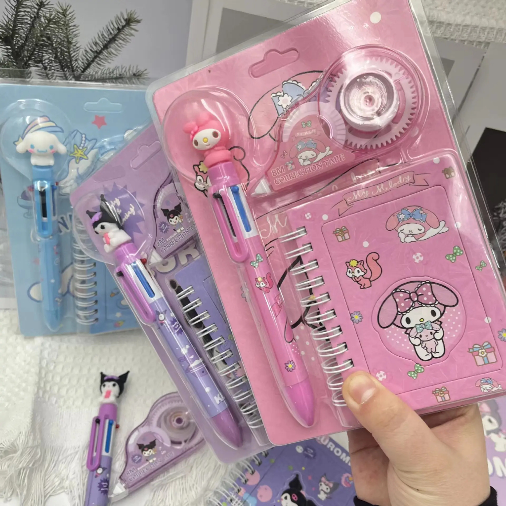 

Set Alat Tulis Sanrio Correction Tape, Pulpen 6warna dan Notes