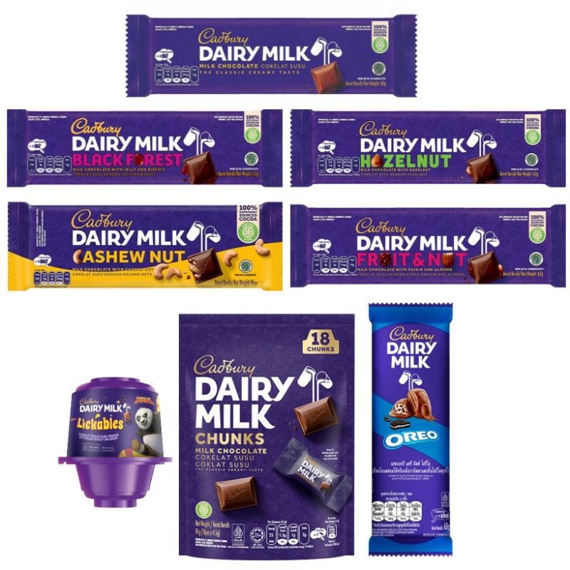 

Cadbury Dairy Milk Aneka coklat milk cashew nut fruit lickables black forest hazelnut oreo besar kecil mini bites