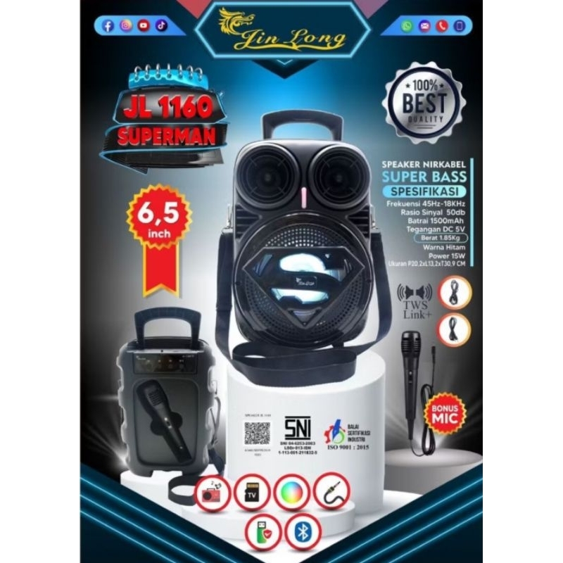 Speaker 6.5" JinLong JL-1160 Superman Bluetooth Bonus Mic Kabel