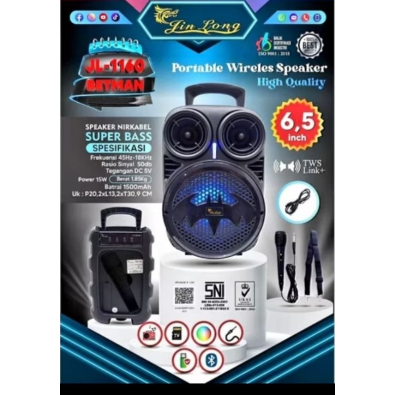 Speaker 6.5" JinLong JL-1160 Batman Bluetooth Bonus Mic Kabel
