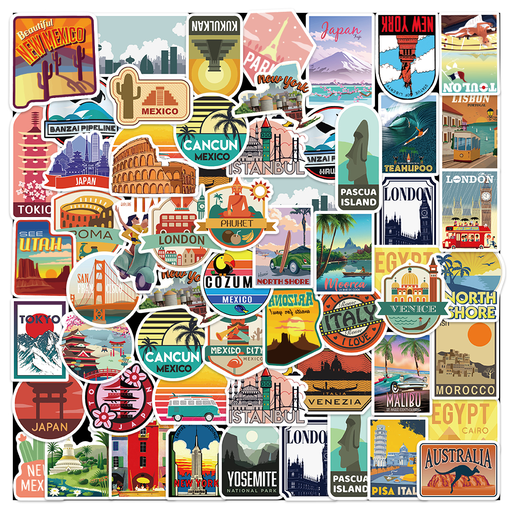 

50pcs Tempat wisata kartun Stiker Perekat Tahan Air Kedap Udara untuk Dekorasi Laptop helm Skateboard dan Sarung Telepon stickers