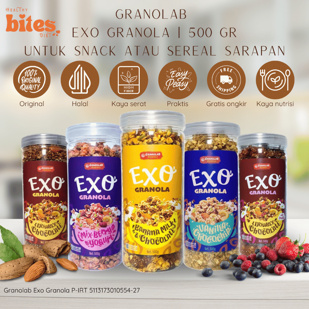 

Granola EXO 500 Gram Granolab Premium | Sereal Sarapan Diet Rendah Kalori Praktis Cemilan Diet Sehat