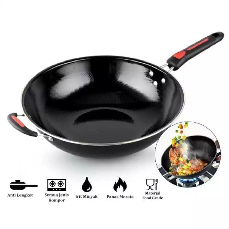 SN COD Wajan GAGANG Hitam Enamel 34CM Anti Gores Lengket Kuali Penggorengan Bulat Besar Jumbo Cekung