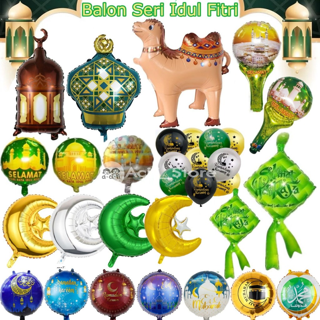 Balon Foil Idul Fitri Pentungan Ketupat Bulan Bintang Kubah Masjid Lentera Unta Hiasan Dekorasi Leba