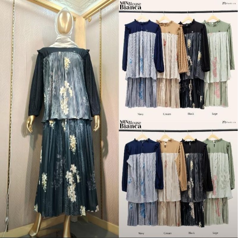 One Set Setelan Rok Plisket Premium Tebal Motif Bianca Mix Blouse