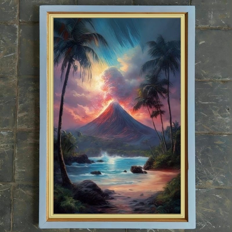 lukisan cetak digital printing pemandangan alam gunung plus figura ukuran 80*50