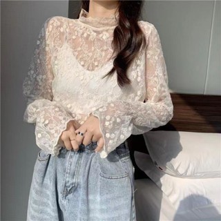 Wanita Korea Renda Blouse Atasan Bunga