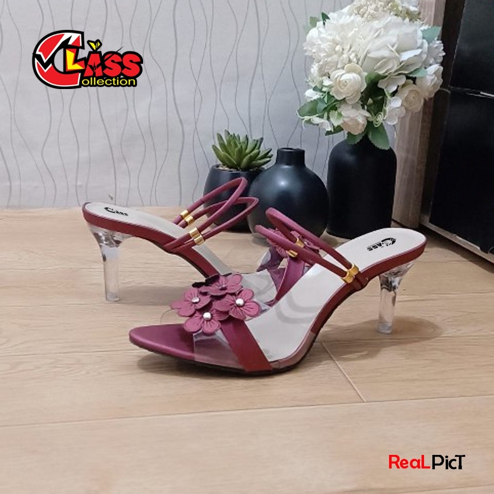 Sandal Heels Kaca Wanita - High Heels 7cm  - AR01 Sandal Pesta / High Heels Kaca Bunga Sakura