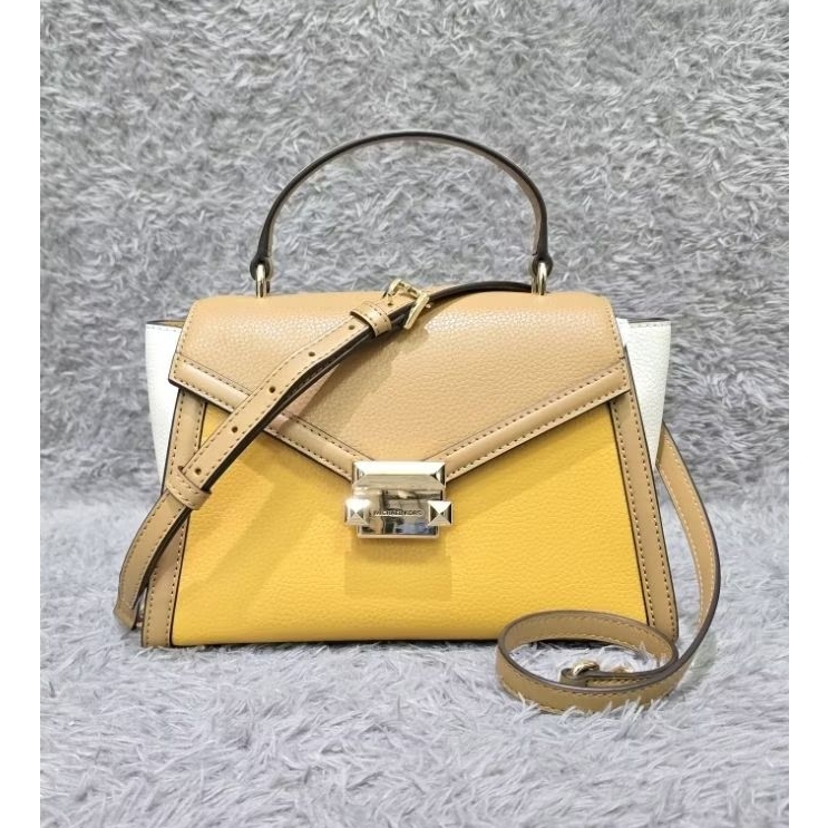 (100% ORI) MK WHITNEY MEDIUM FLAP TOP HANDLE SATCHEL LEATHER GOLDEN ROD MULTI