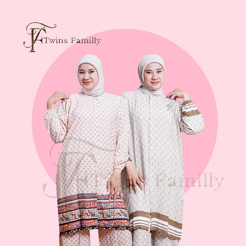 Twins Family - Raya Set Tunik Kulot Rayon Motif Wanita Muslim Baju Setelan Lebaran Gamis Celana Panj