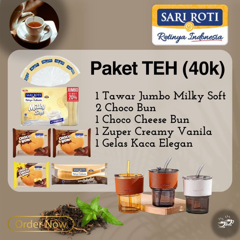 

Sari Roti 40k Paket TEH / KOPI dg Gelas Kaca Elegan