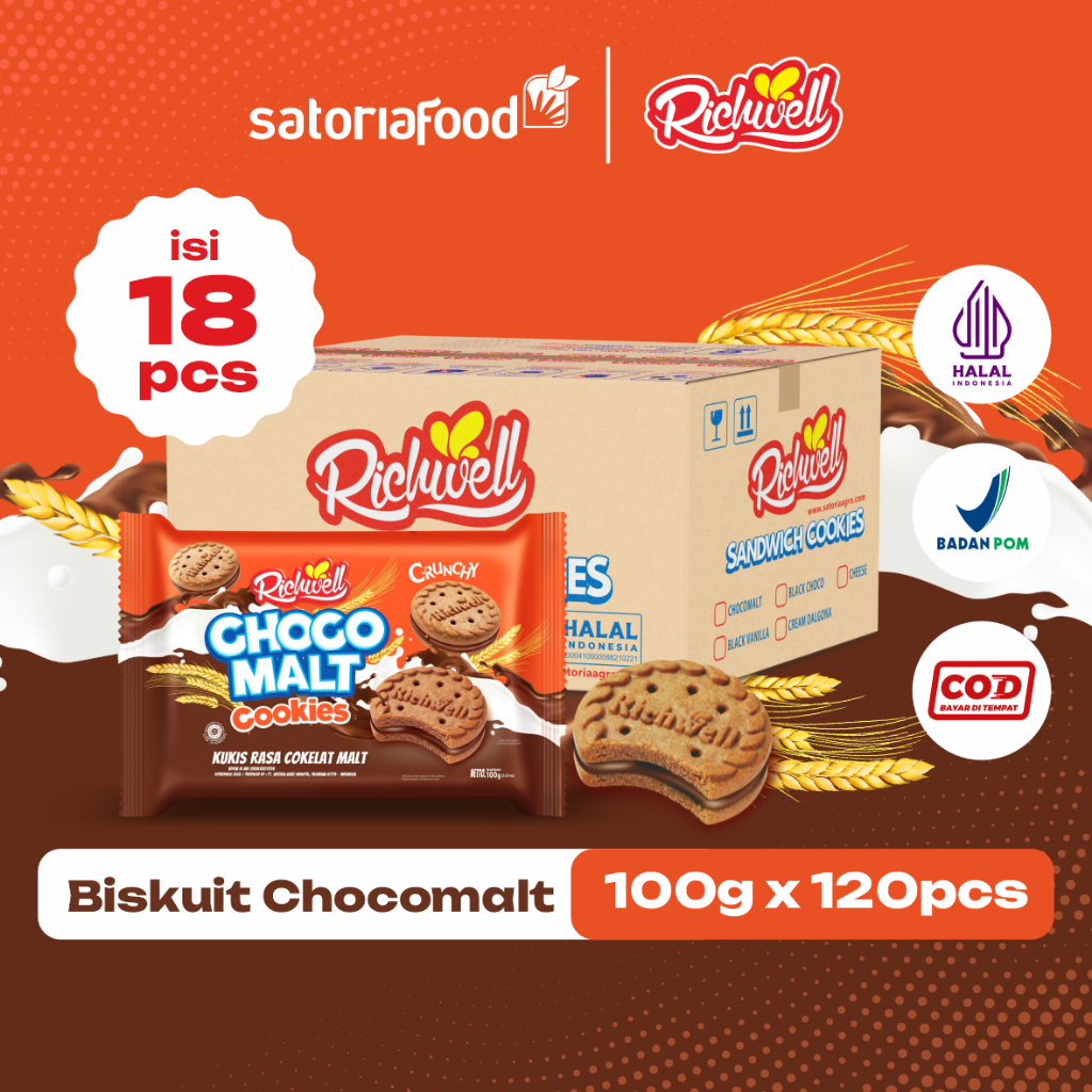 

Snack Richwell Chocomalt Cookies 100g x 18pcs [ 1 Dus ] | Cemilan Biskuit Kukis Sandwich Rasa Coklat Chocomalt