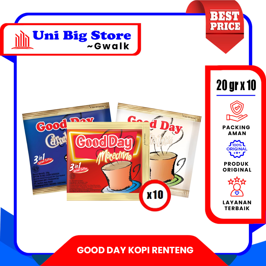 

KOPI GOOD DAY 3IN1 MOCCACINO - CARREBIAN NUT - VANILLA LATTE - (20 gr x 10 pcs) RENTENG