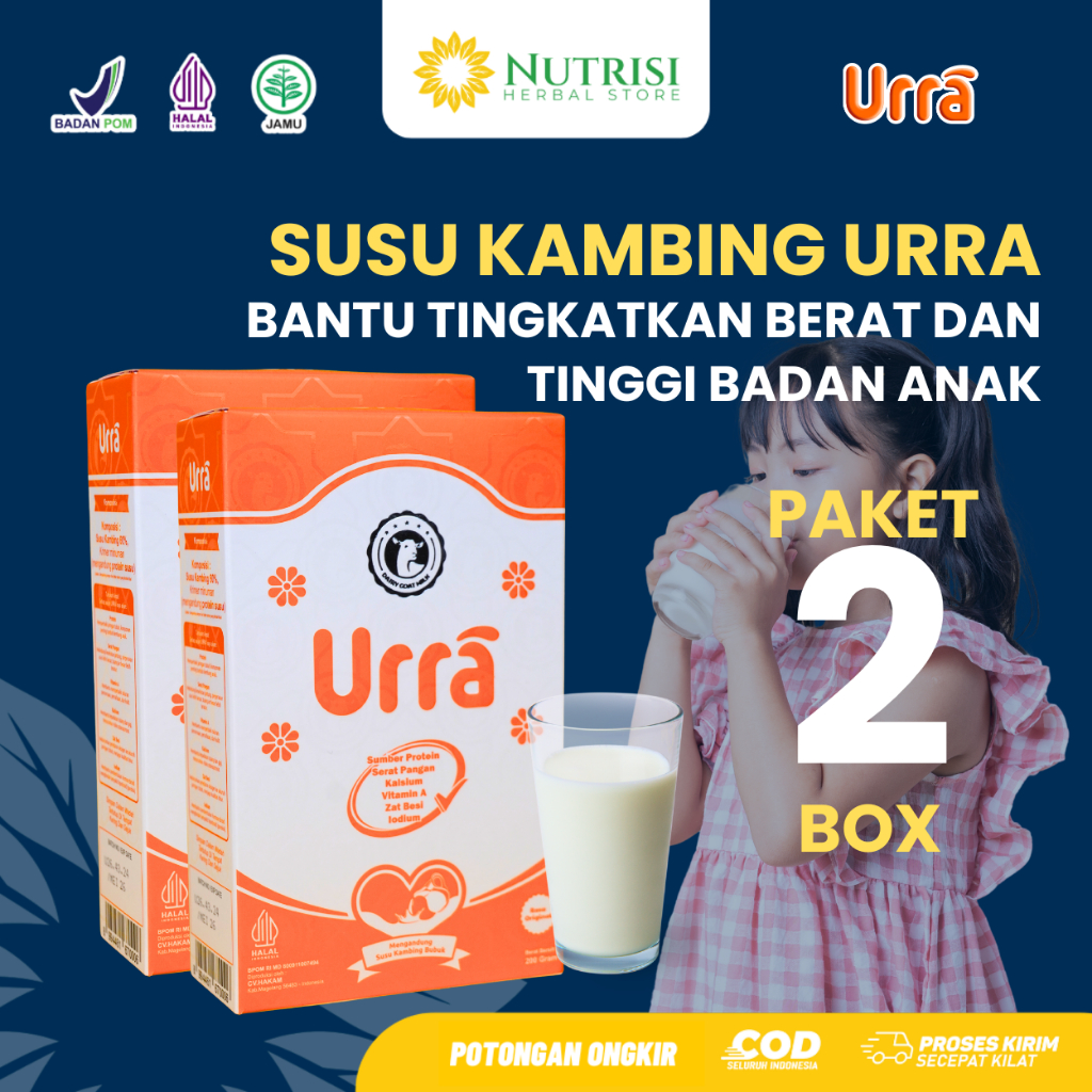 

LEBIH HEMAT [ PAKET 2 BOX ] SUSU URRA - Susu Kambing Saanen Bubuk Premium - Anti Prengus Sumber Protein Tinggi Nutrisi dan Kalsium - 200gr Halal BPOM