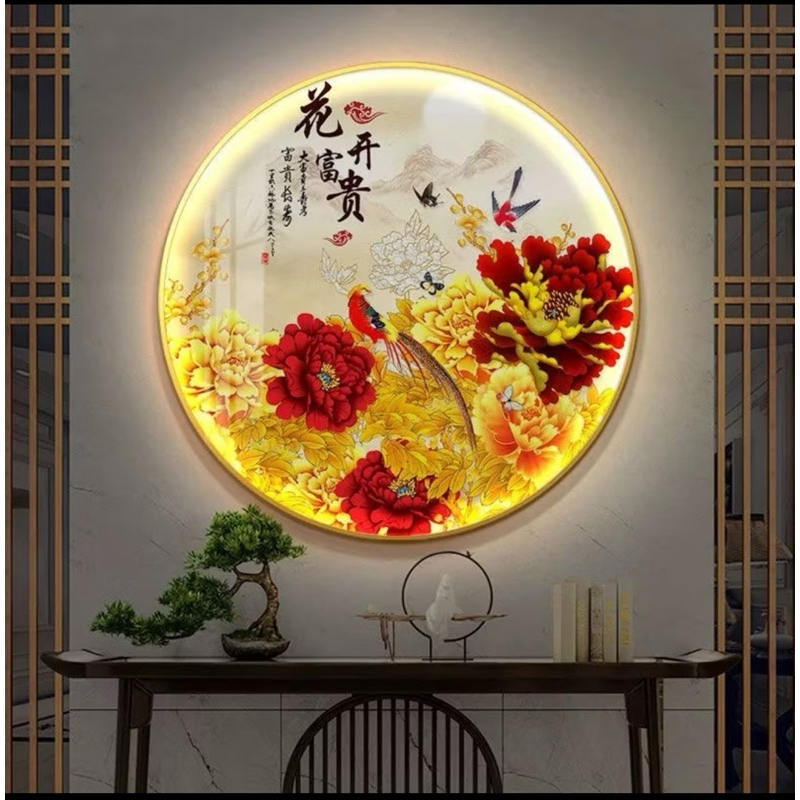 5D Porcelain Painting Diamond  Bulat dengan Lampu LED - Model Bunga - Hiasan Dinding Mewah.