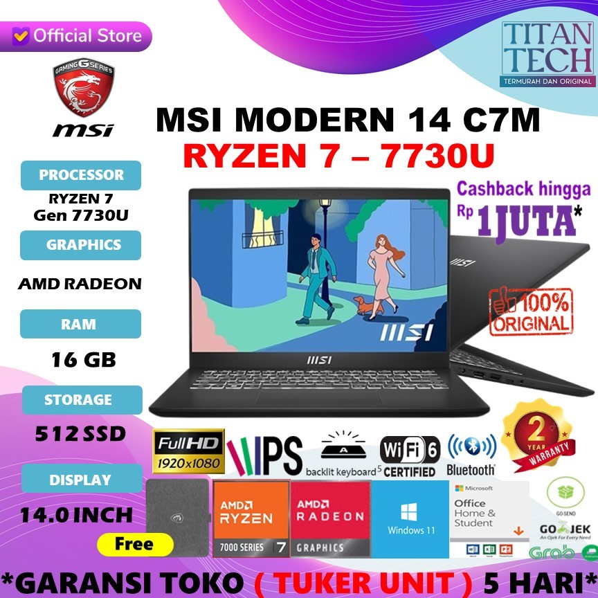 MSI MODERN 14 RYZEN 7 7730 16GB 512GB W11+OHS 14.0FHD IPS -C7M.280