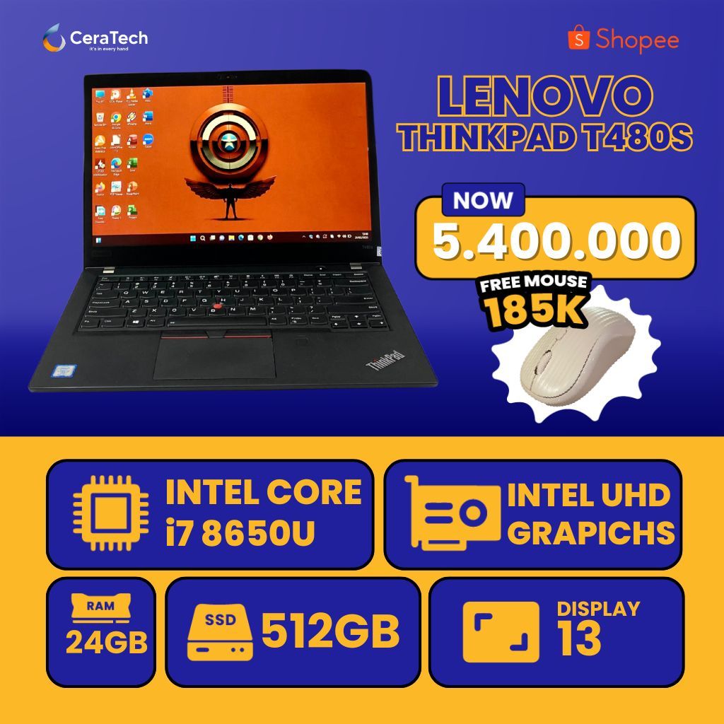 Laptop Lenovo Thinkpad T480S - Intel core i7 - HARGA TERMURAH - Lenovo Thinkpad T480S i7 gen 8, RAM 