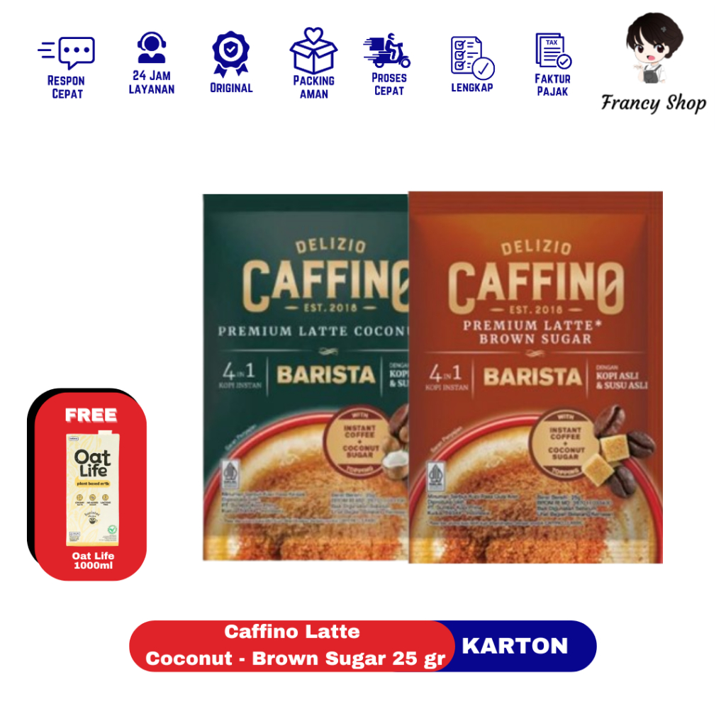 

Paket Karton Kopi Delizio Caffino Premium Latte Coconut / Premium Latte Brown Sugar Sachet Renceng 25 gr x120 Pcs