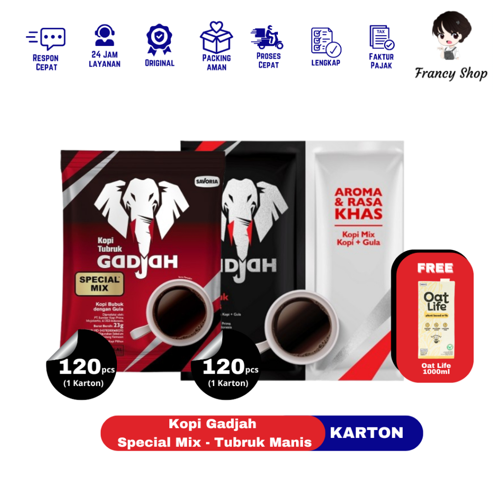 

Paket 1 Karton Kopi Tubruk Gajah Manis / Special Mix Sachet Renceng 23 gr isi 120 Pcs + GRATIS OAT LIFE 1 L