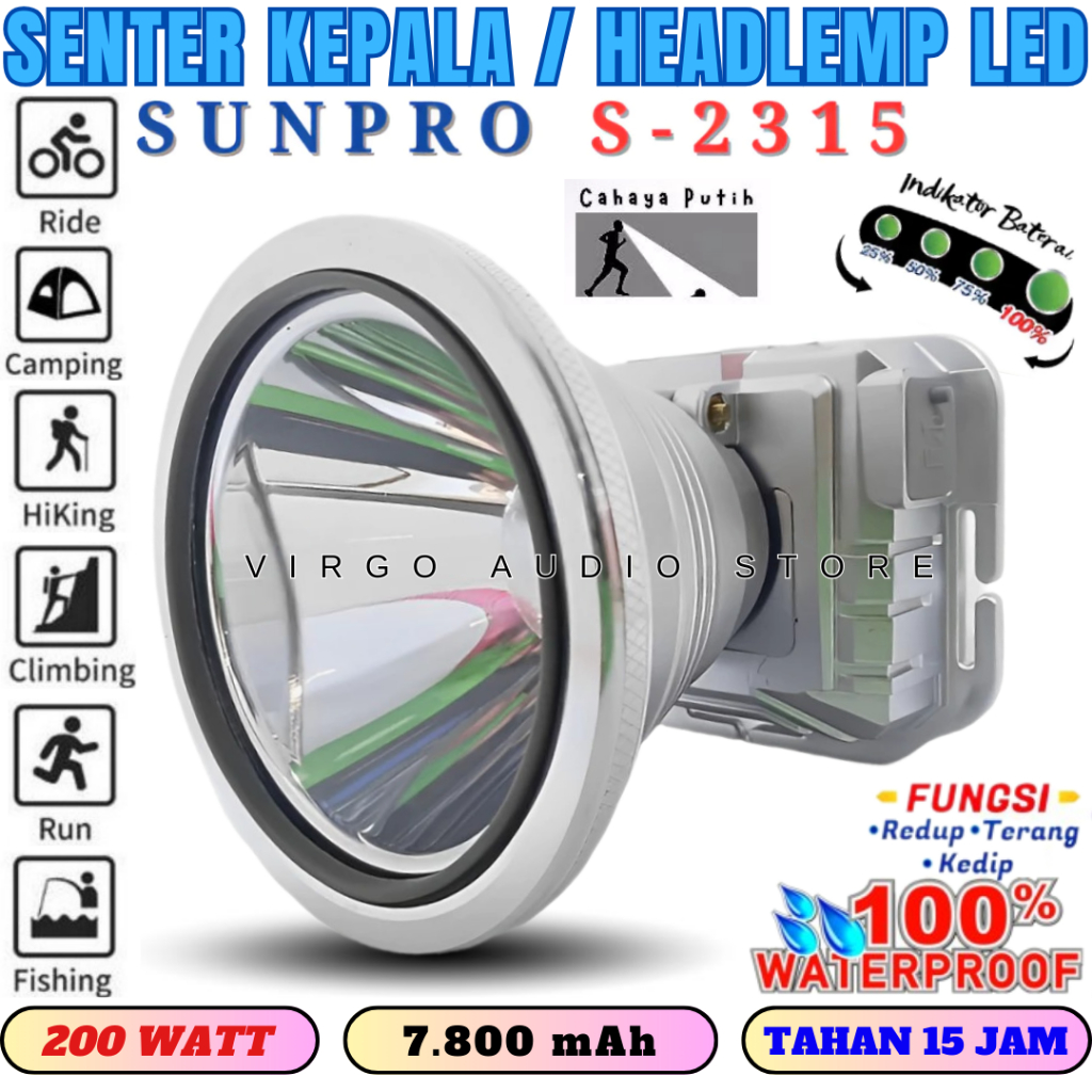 Headlamp/Senter Kepala Super Terang Sunpro S-2315 200 Watt | Senter Kepala Led Cahaya Putih Sunpro S