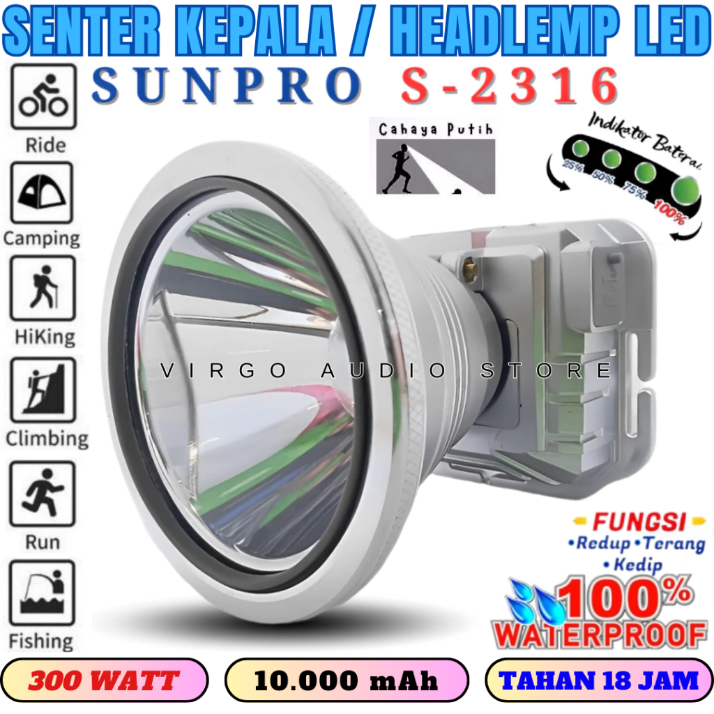 Headlamp/Senter Kepala Sunpro S-2316 Led 300 Watt Super Terang | Senter Kepala Cas Anti Air Cahaya P