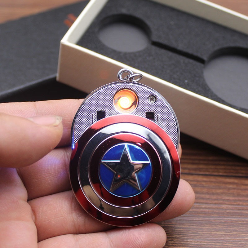 Bigfire Mancis Korek Api Elektrik Usb Cas Model Shield Captain America + Gantungan Kunci