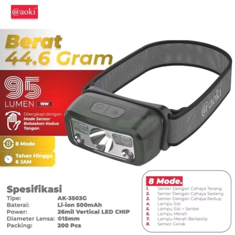 Senter Kepala Cas Sensor Cerdas Aoki Ak-3503G / Senter Kepala Aoki Army Free Ikat kepala & Kabel Cha