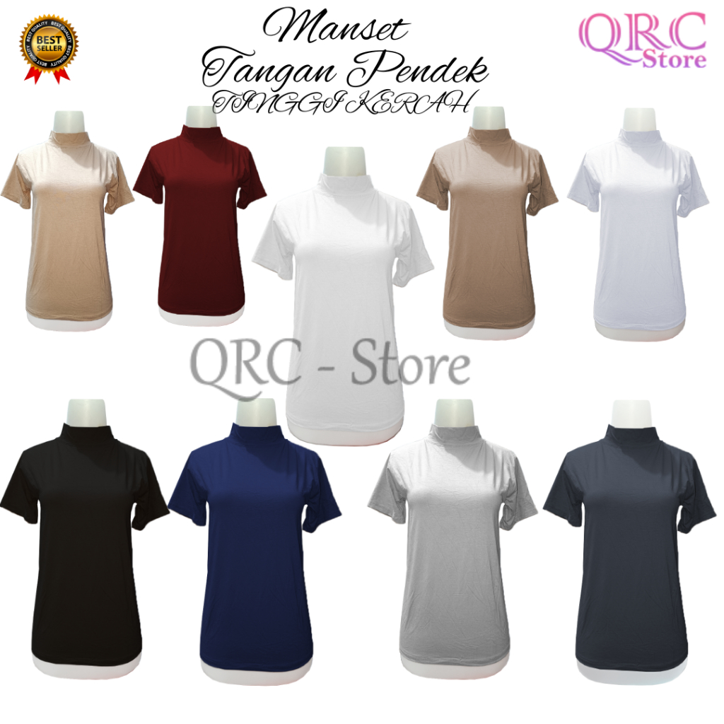 Baju Manset Lengan Pendek Wanita Kerah Tinggi Bahan Rayon Super Leher Polos Dalaman Perempuan Hitam 