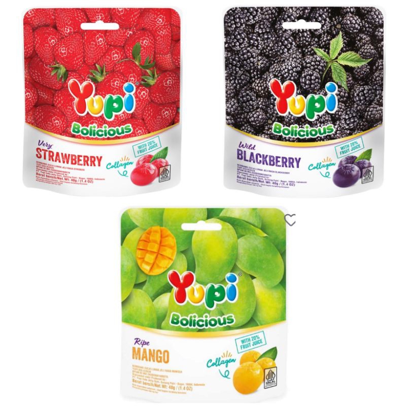 

Yupi Bolicious permen bola sari buah Blackberry strawberry mango