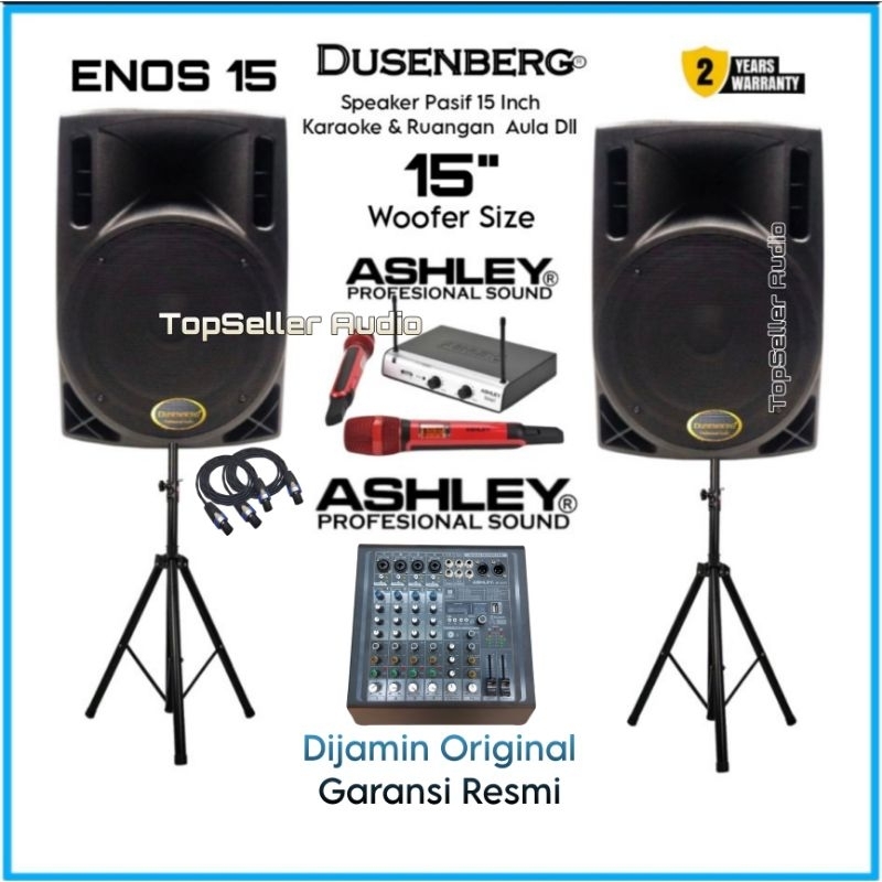 Paket Sound System Karaoke Speaker 15 Inch Dusenberg ENOS 15 Power Mixer Ashley Mic Wireless 2 Ashle