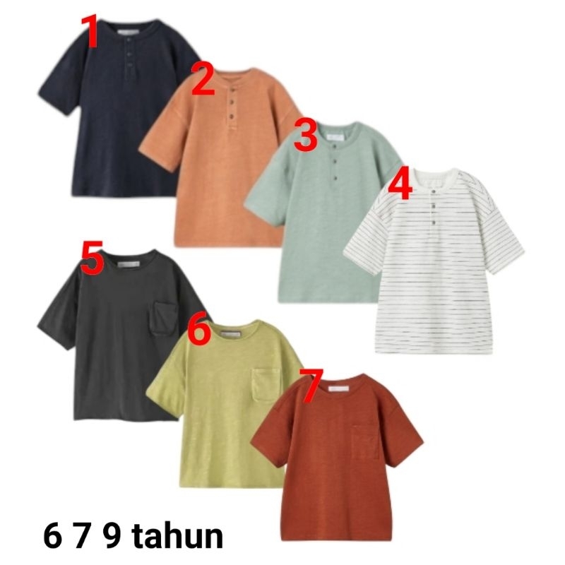 Baju kaos atasan lengan pendek anak laki cowo Zara 6 7 9 tahun polos bata hijau hitam putih salur