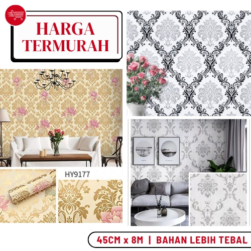 Sticker Dinding Wallpaper Motif Batik Ukir Bunga Warna Pink Biru Walpaper Batik Dinding Kamar Elegan