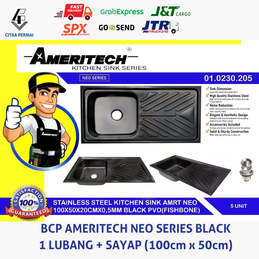 KITCHEN SINK BCP CUCI PIRING AMERITECH BLACK STAINLESS 1 LUBANG + SAYAP (100CM x 50CM)
