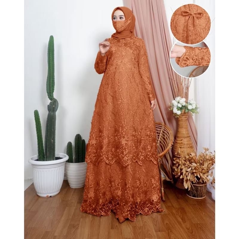 DAVINA - DRESS BAJU GAMIS GAUN BRUKAT REMAJA DEWASA FULL BRUKAT TILE MUTIARA  BUSUI JUMBO WARNA BATA