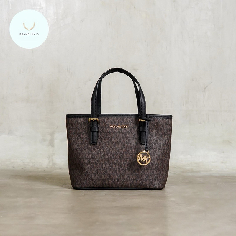 Michael Kors MK Monogram Mini Tote Bag with Long Strap in Dark Brown Black