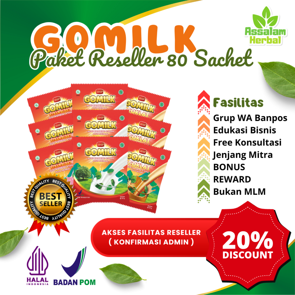 

PAKET RESELLER GOMILK 80 SACHET Susu Kambing Etawa Plus Herbal Garansi ORI Distributor