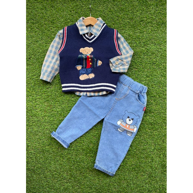Set 3in1 rompi rajut bear/ setelan anak laki laki rompi rajut/ setelan anak laki laki import