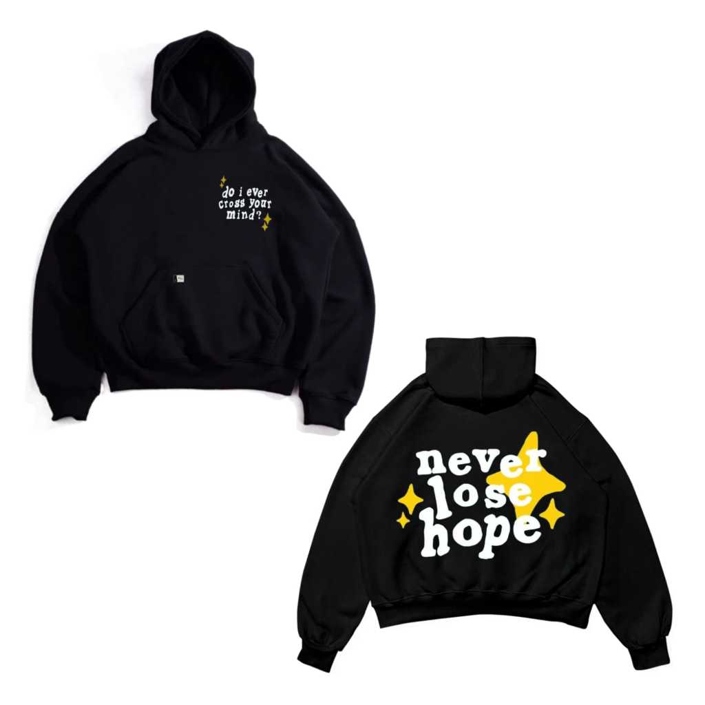 Zukimimo - Hoodie Boxy Pria Wanita List NEVER LOSE HOPE Warna Hitam UNISEX Disto Bandung