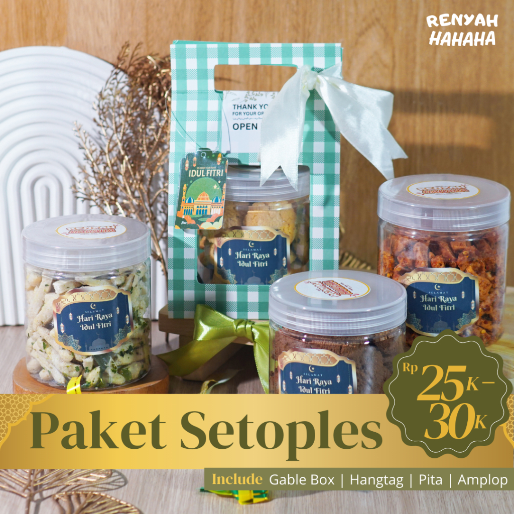 

Hampers Lebaran Idul Fitri / Parcel Lebaran - Paket Isi 1 Toples Kue Kering, Basreng Pedas, Choco chips, butter chips by Renyah Hahaha