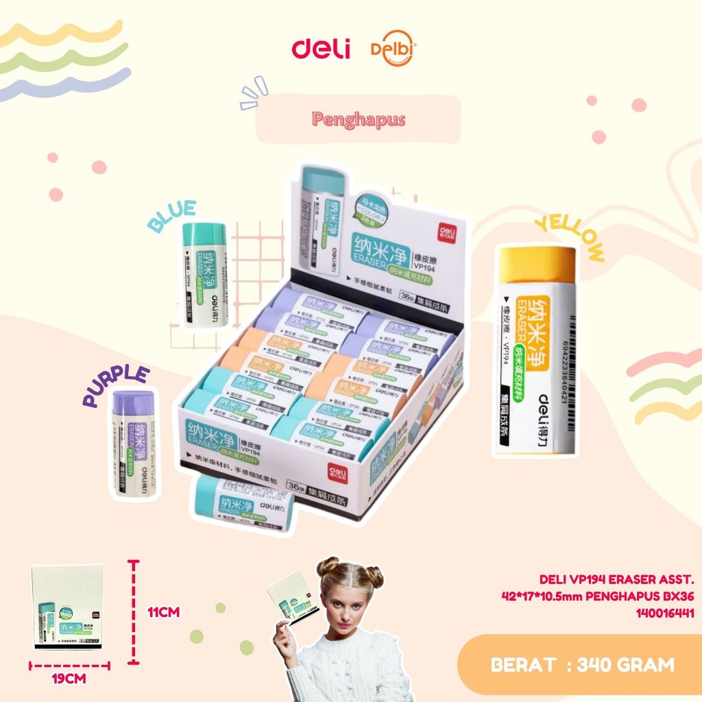 

DELI VP194 ERASER ASST. 42*17*10.5mm PENGHAPUS