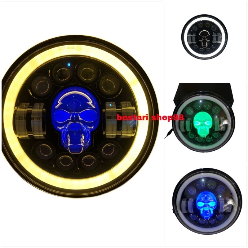 Lampu Daymaker 7 inch inchi Model tengkorak Lampu 12 LED Motor BMW Harley Benelli XSR Royal Enfield