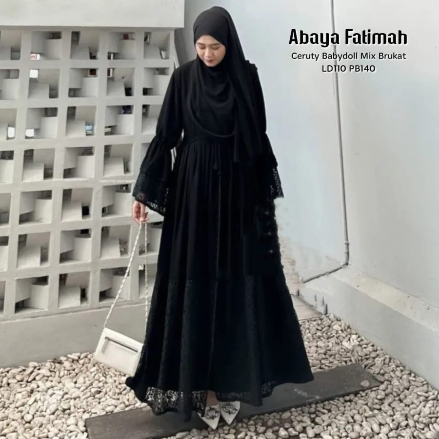 Baju Gamis Wanita Muslim Abaya Fatimah Dress Hitam Black Ceruti Polos Brokat Cantik Fashion Perempua