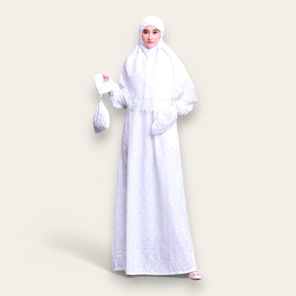 Baju Umroh Wanita Set Gamis Ihram Lengkap Putih Bordir Yasmin Perlengkapan Haji dan Umroh Wanita Mus