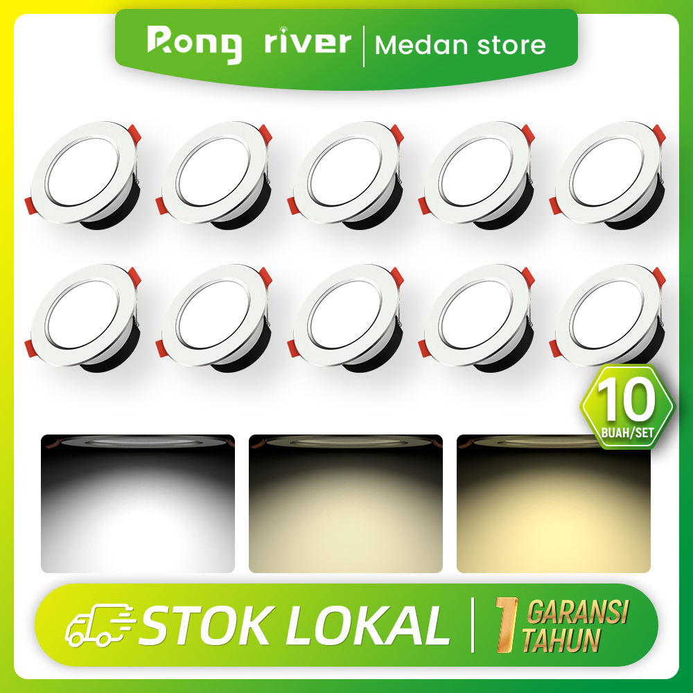 RONG RIVER [Medan] 10Buah Downlight LED  5W 3Warna Lampu Downlight Plafon Lampu Plafon