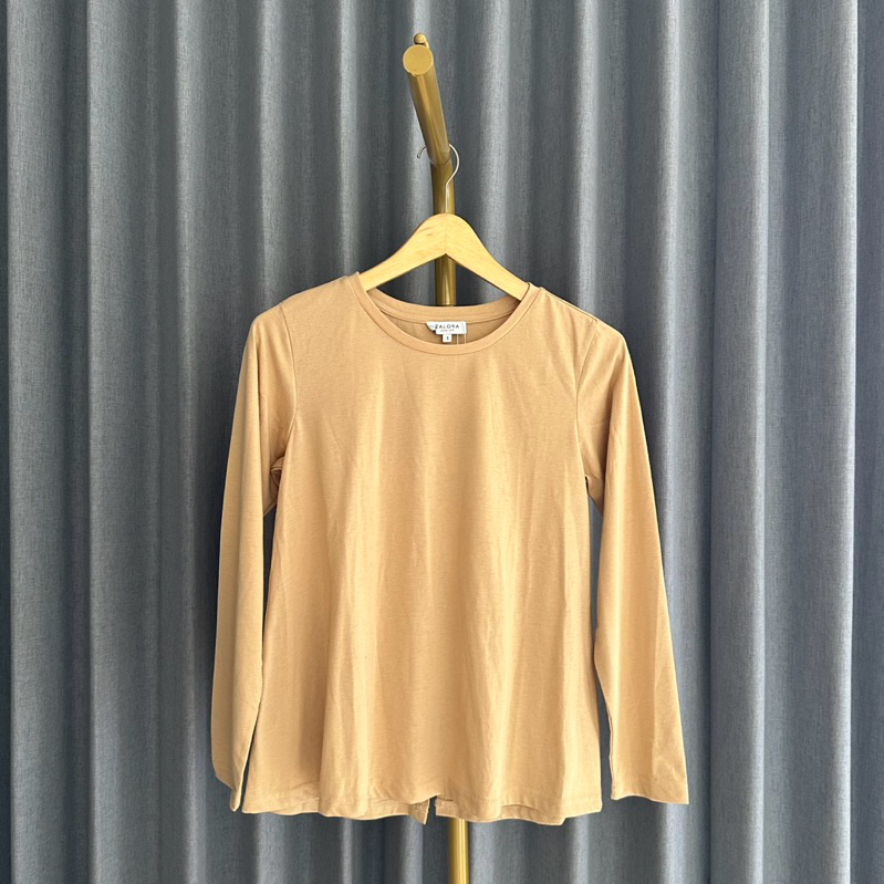 𝙉𝙀𝙒 Zalora Beige Cream Longsleeve Round Neck Top Blouse Casual Fashion Wanita