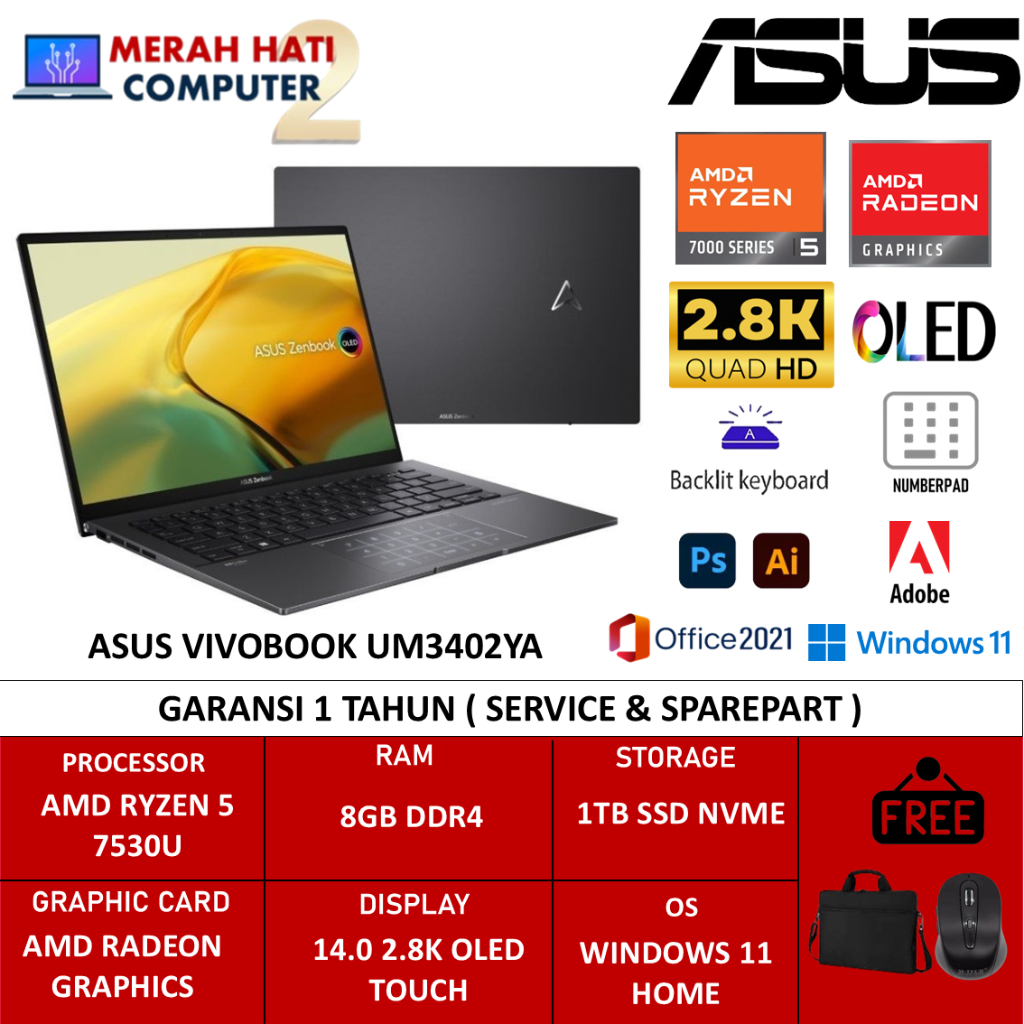 Asus Zenbook OLED 14 UM3402YA AMD Ryzen 5 7530U 8GB 1TB SSD 14.0 2.8K Touch Windows 11 Terlaris