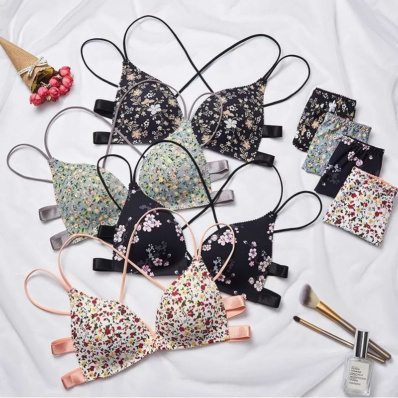 Set Bra Empuk Seksi Tanpa Kawat SBG06 Set Bra Motif Floral Cantil Set Bra Kait Depan Set Bra Jumbo C