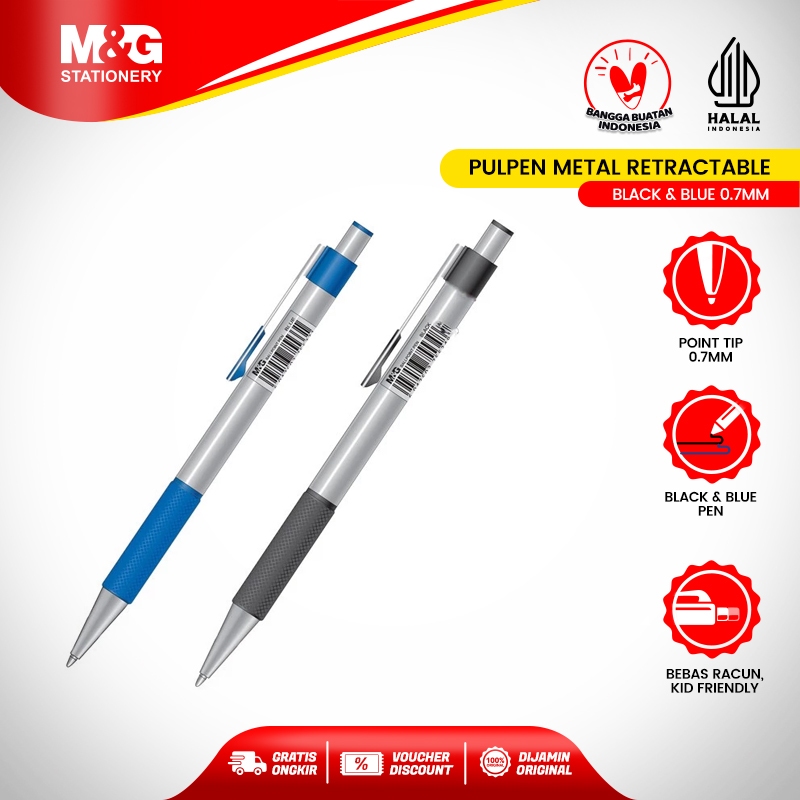 

M&G Pulpen Metal Retractable Ballpoint Black Blue 0.7mm Grip Karet Nyaman Untuk Menulis Hasil Rapi Tinta Jelas dan Cepat Kering Cocok Untuk Sekolah dan Kantor